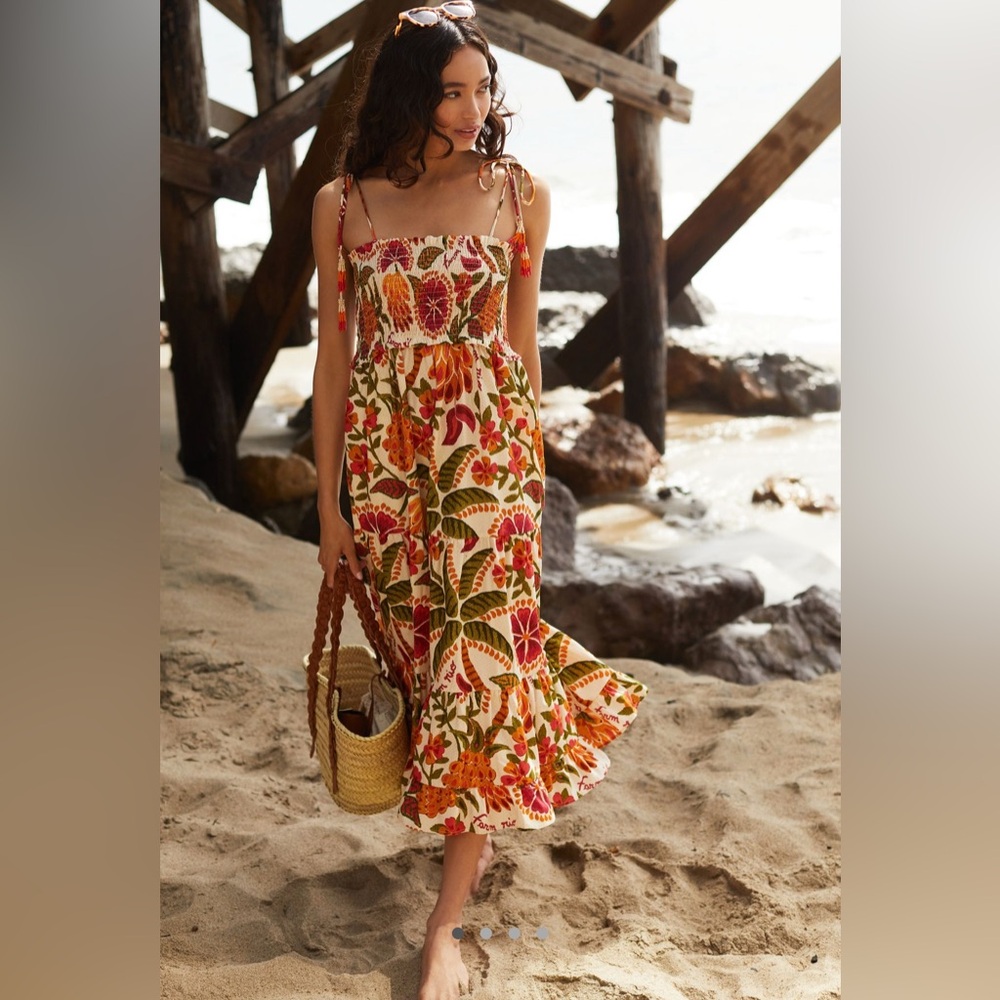 FARM Rio Floral Midi Dress in Cream, Green & Red